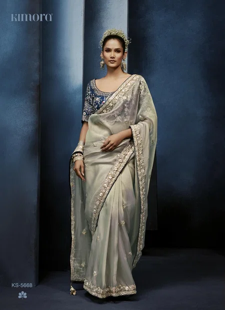 Grey Colour Masakali Vol 15 By Kimora Pure Fancy Embroidery Work Designer Saree Ks 5668